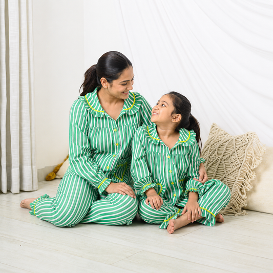 Green Stripes Mom Twinning Cotton Night Suit with Pants