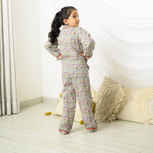 Multi Color Floral Night Suit With Pants