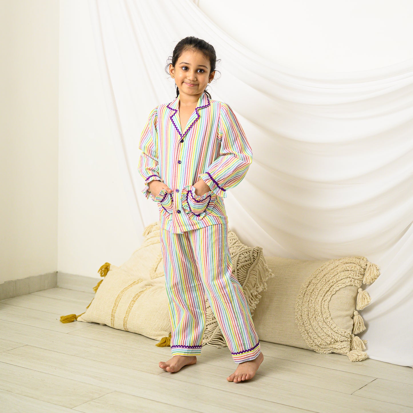 Colorful Stripes Night Dress With Pants