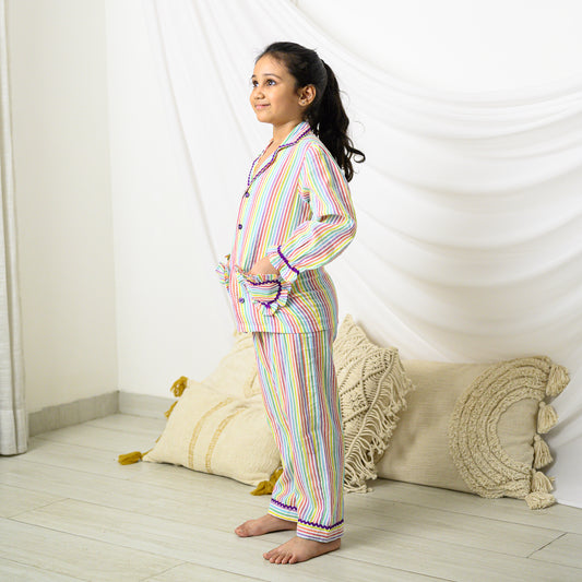 Colorful Stripes Night Dress With Pants