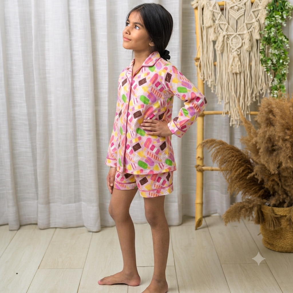 Pink Ice Cream Print Mom Twinning Cotton Night Suit Cotton Night Suit