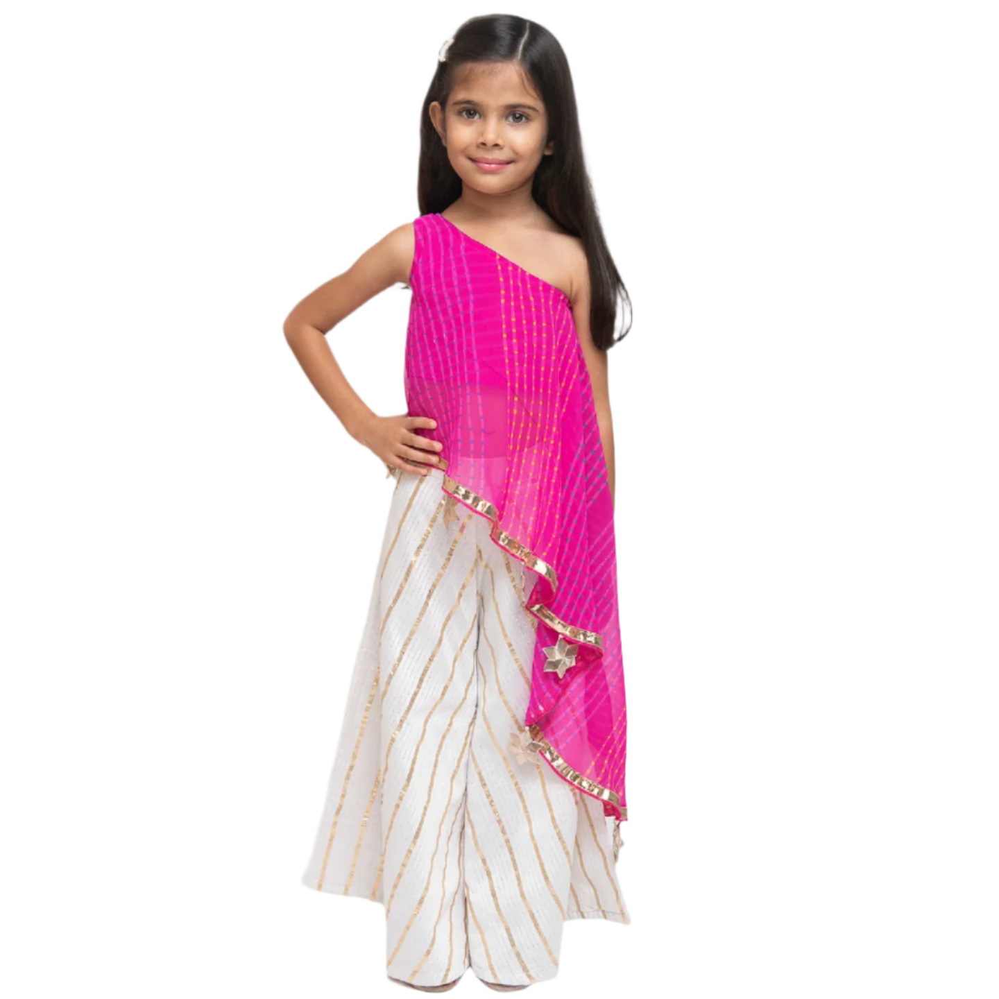 One Shoulder Leheriya Pink Top With Skirt Pants
