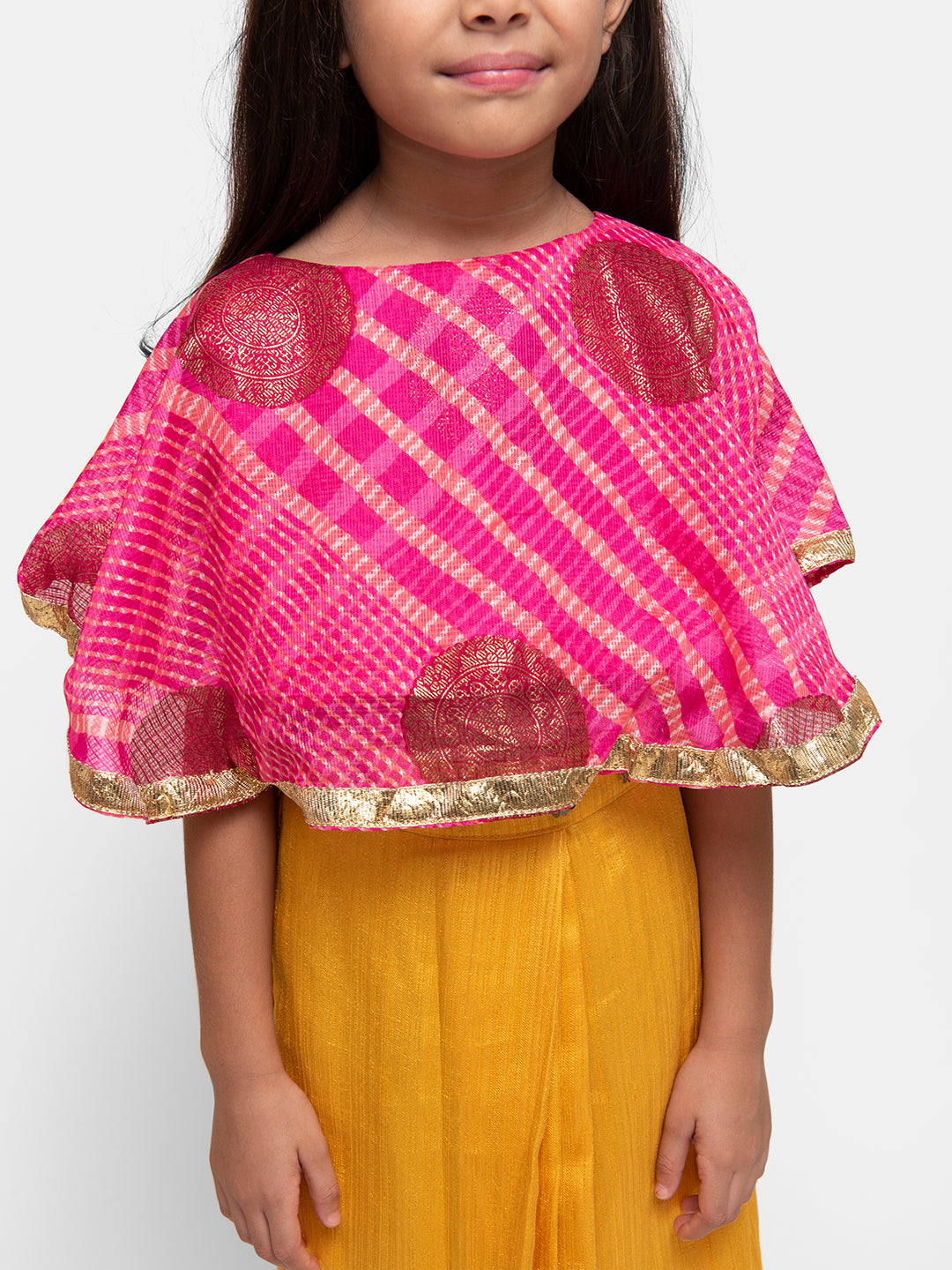 Cape Top with Dhoti Skirt-Pink and Yellow Set