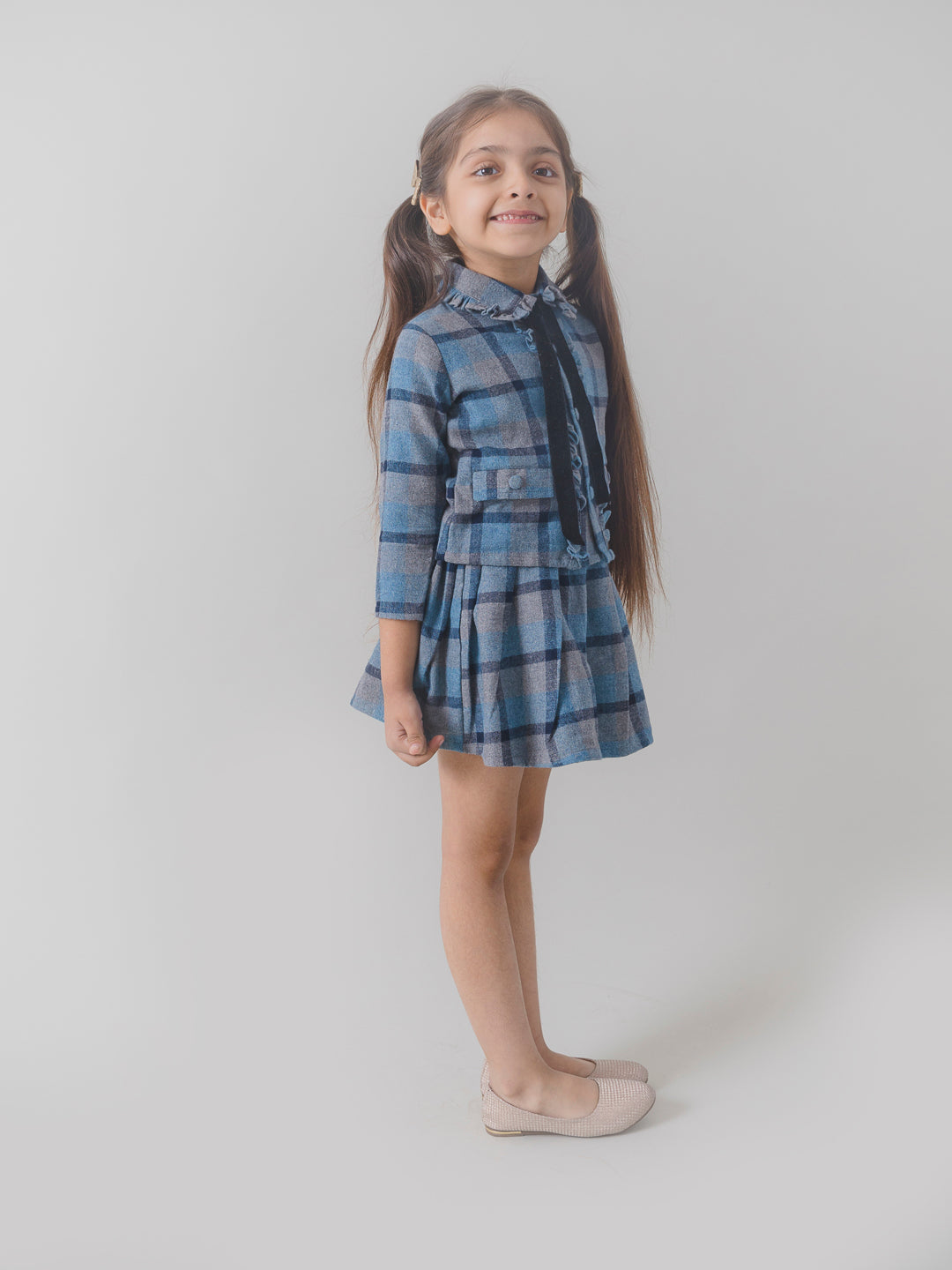 Grey Checks Blazer style Top and Skirt Set