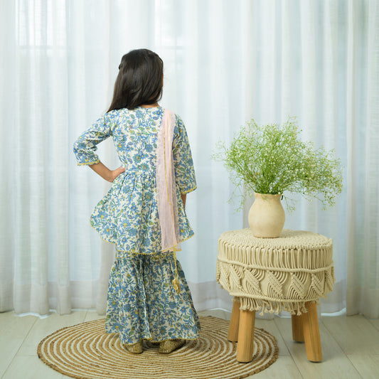 Blue Foral Sharara With Pink Dupatta