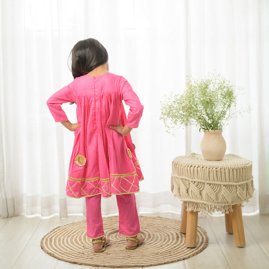 Pink Gota Flared Kurta Set