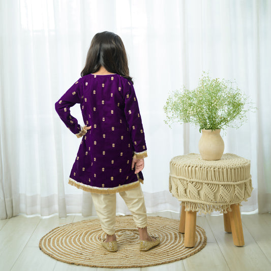 Purple Velvet Embellished Kurta With Cream Dhoti Pants