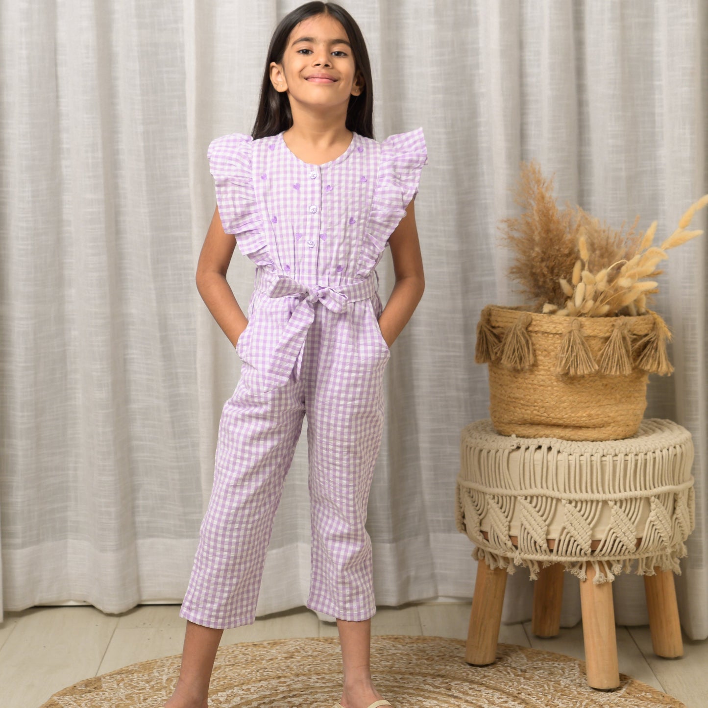 Purple Checks Cotton Jumpsuit with Hearts