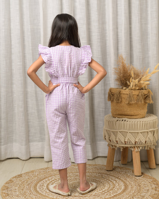 Purple Checks Cotton Jumpsuit with Hearts