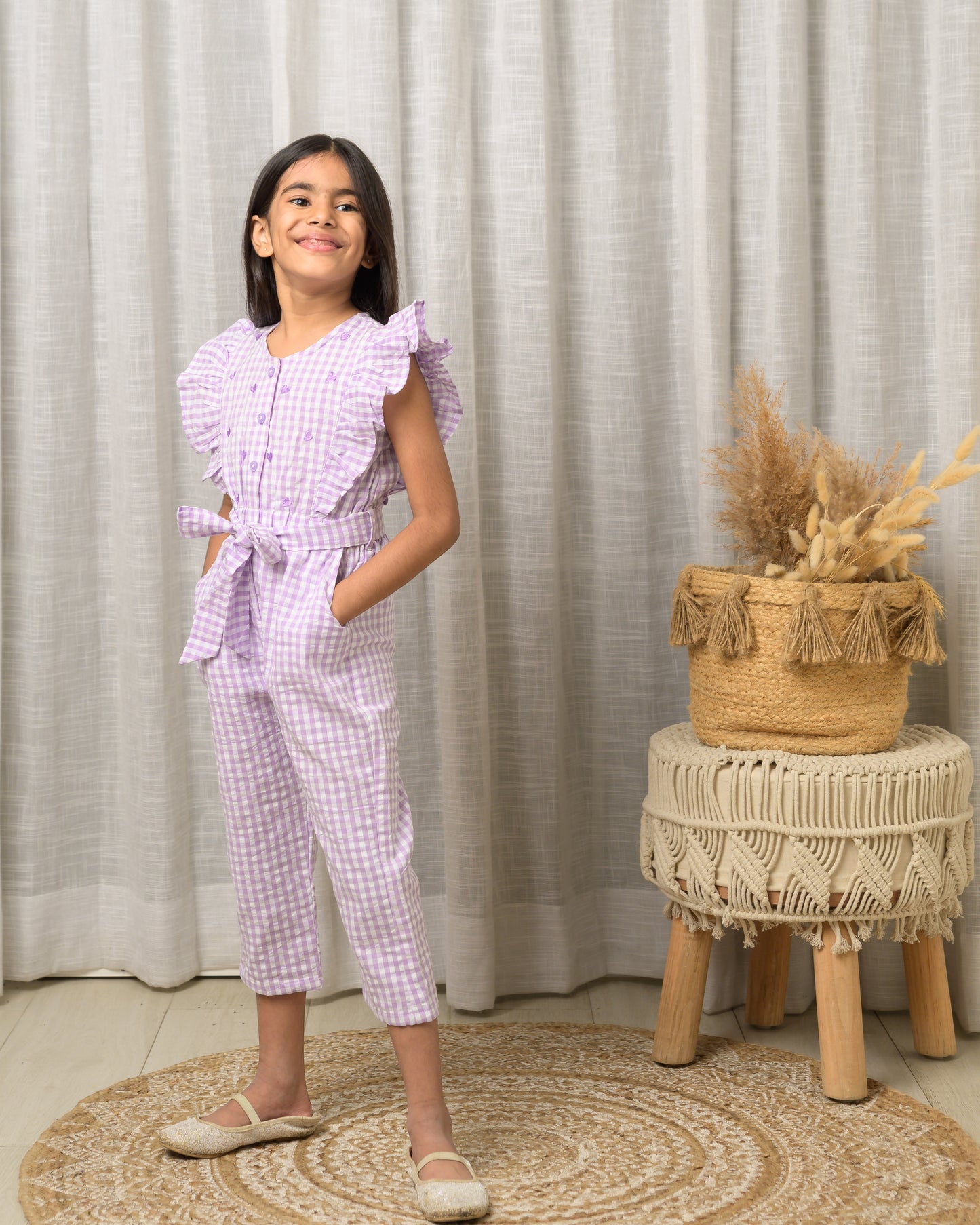 Purple Checks Cotton Jumpsuit with Hearts