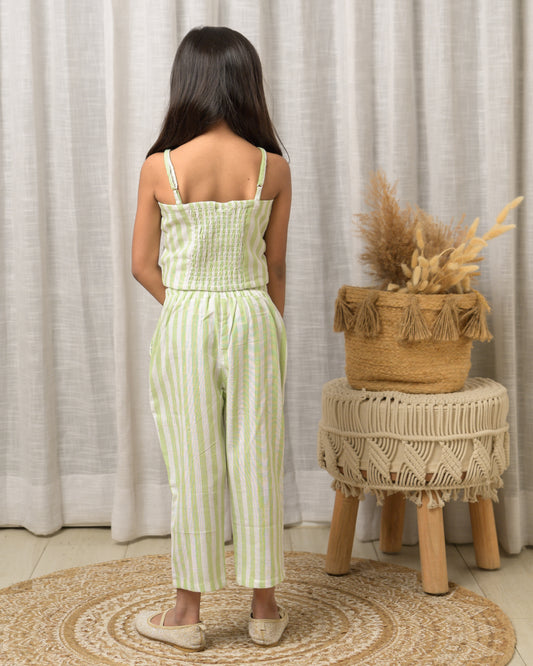 Green Strips Embroidery Crop Top With Pant