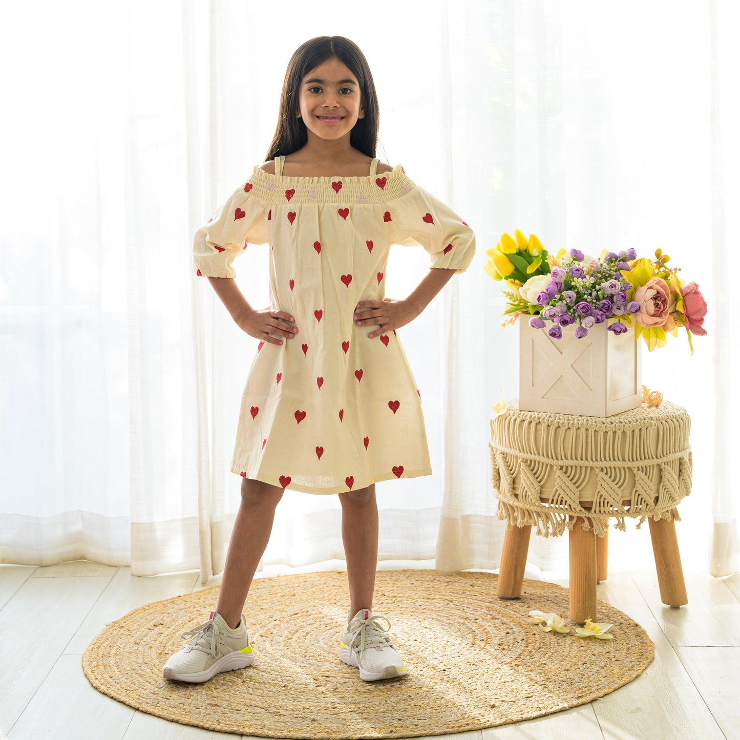 Cream And red off shoulder embroidered dress