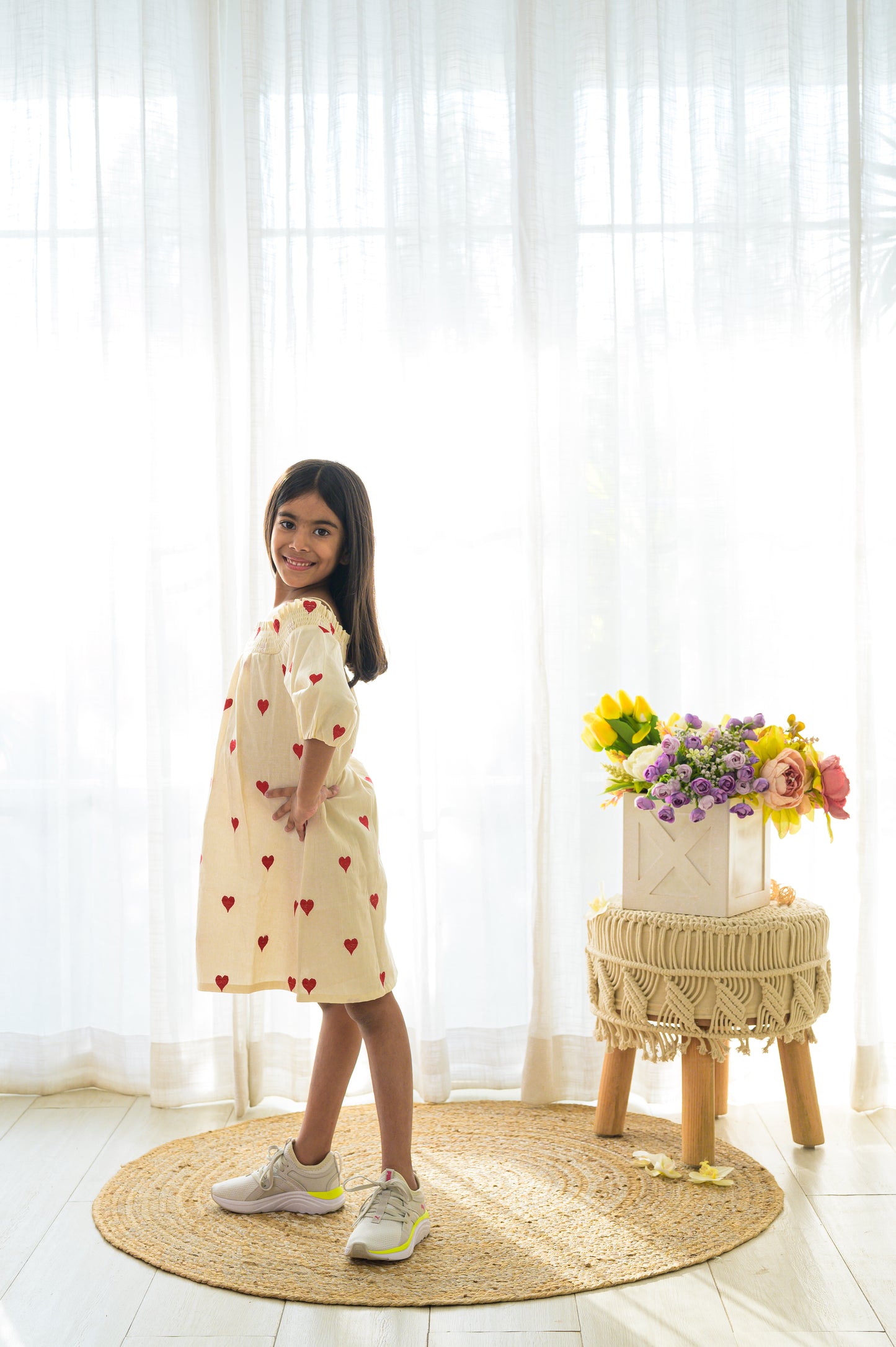 Cream And red off shoulder embroidered dress