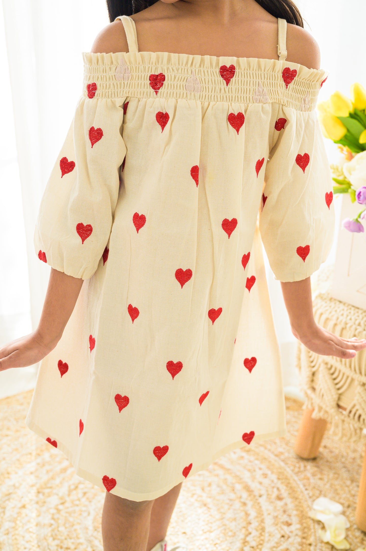 Cream And red off shoulder embroidered dress