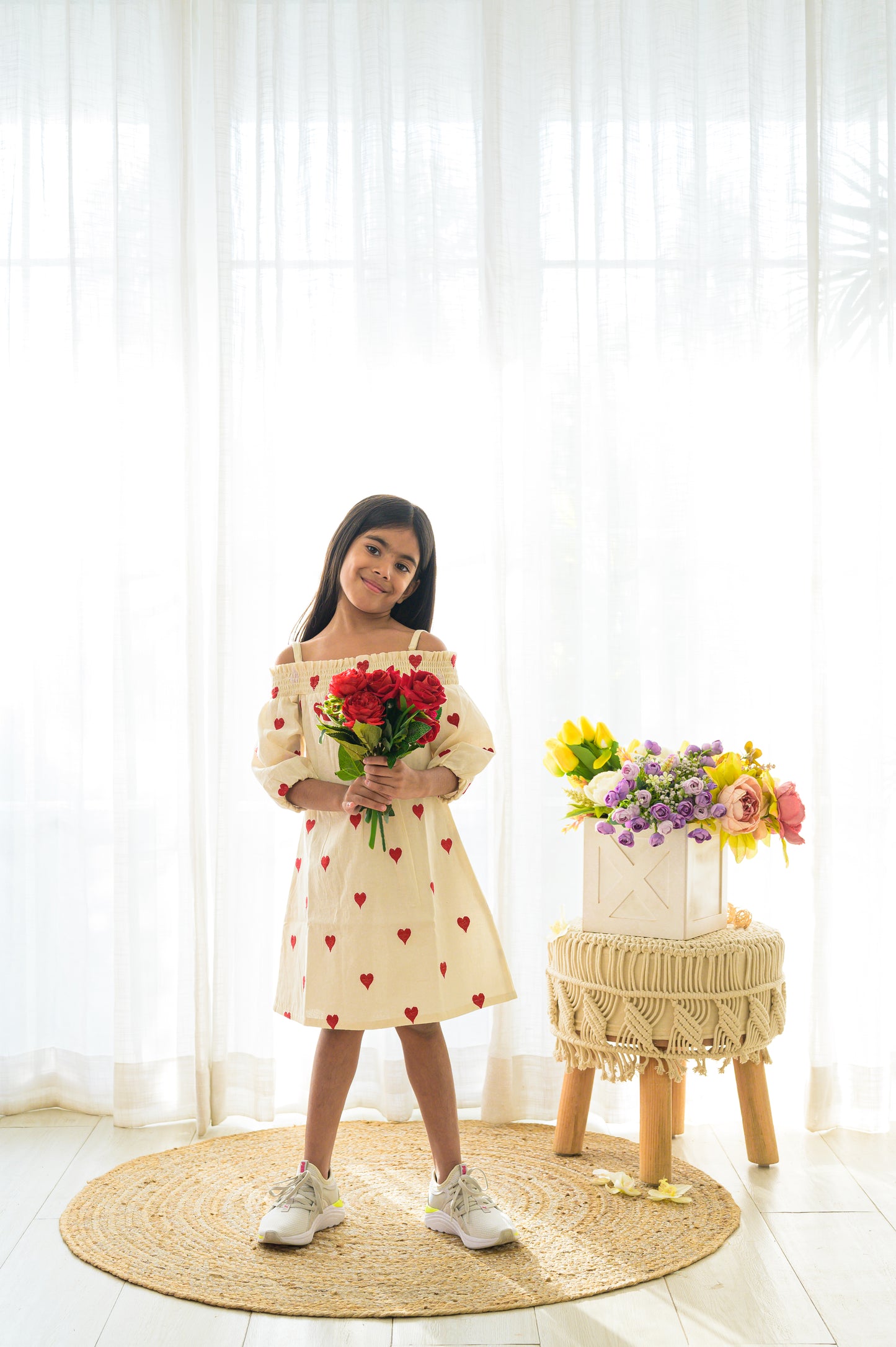 Cream And red off shoulder embroidered dress