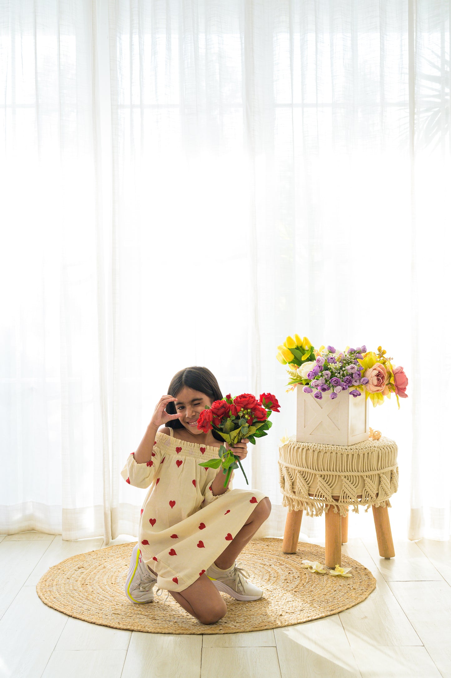 Cream And red off shoulder embroidered dress