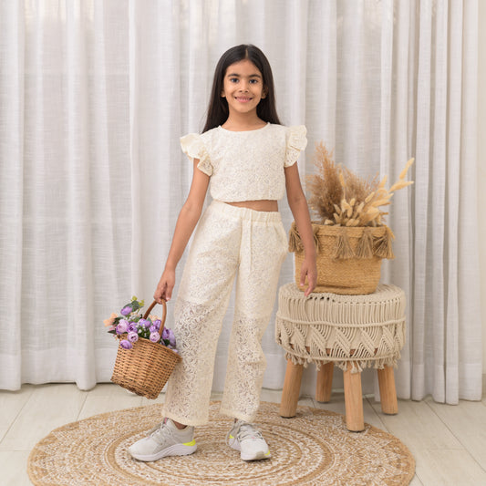 Cream crop top and pant with lace fabric