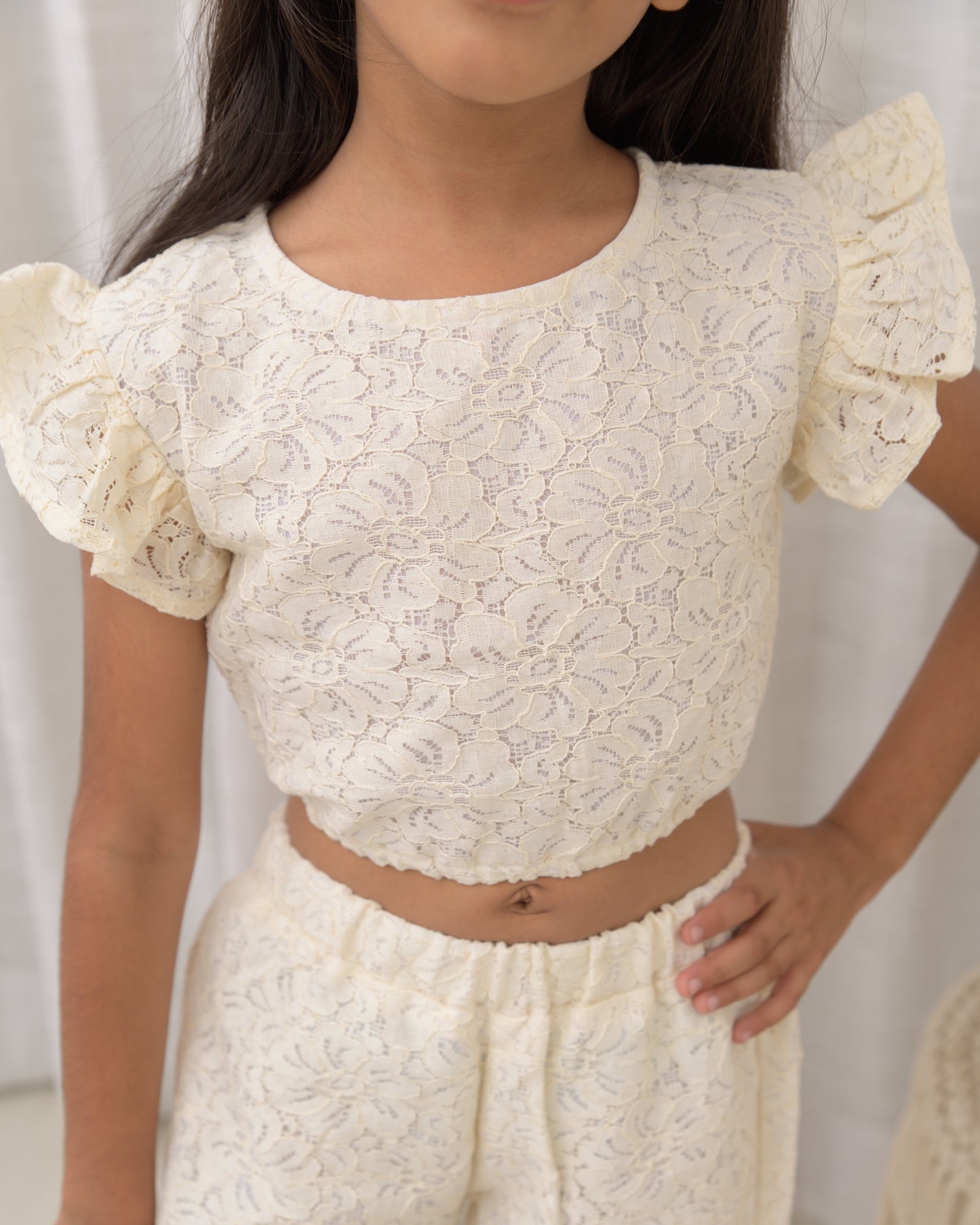 Cream crop top and pant with lace fabric