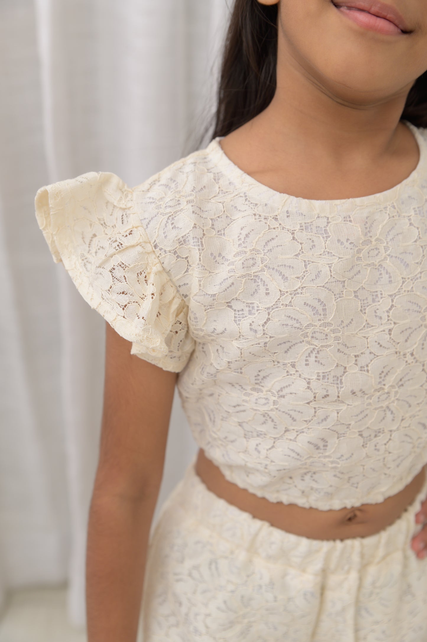 Cream crop top and pant with lace fabric