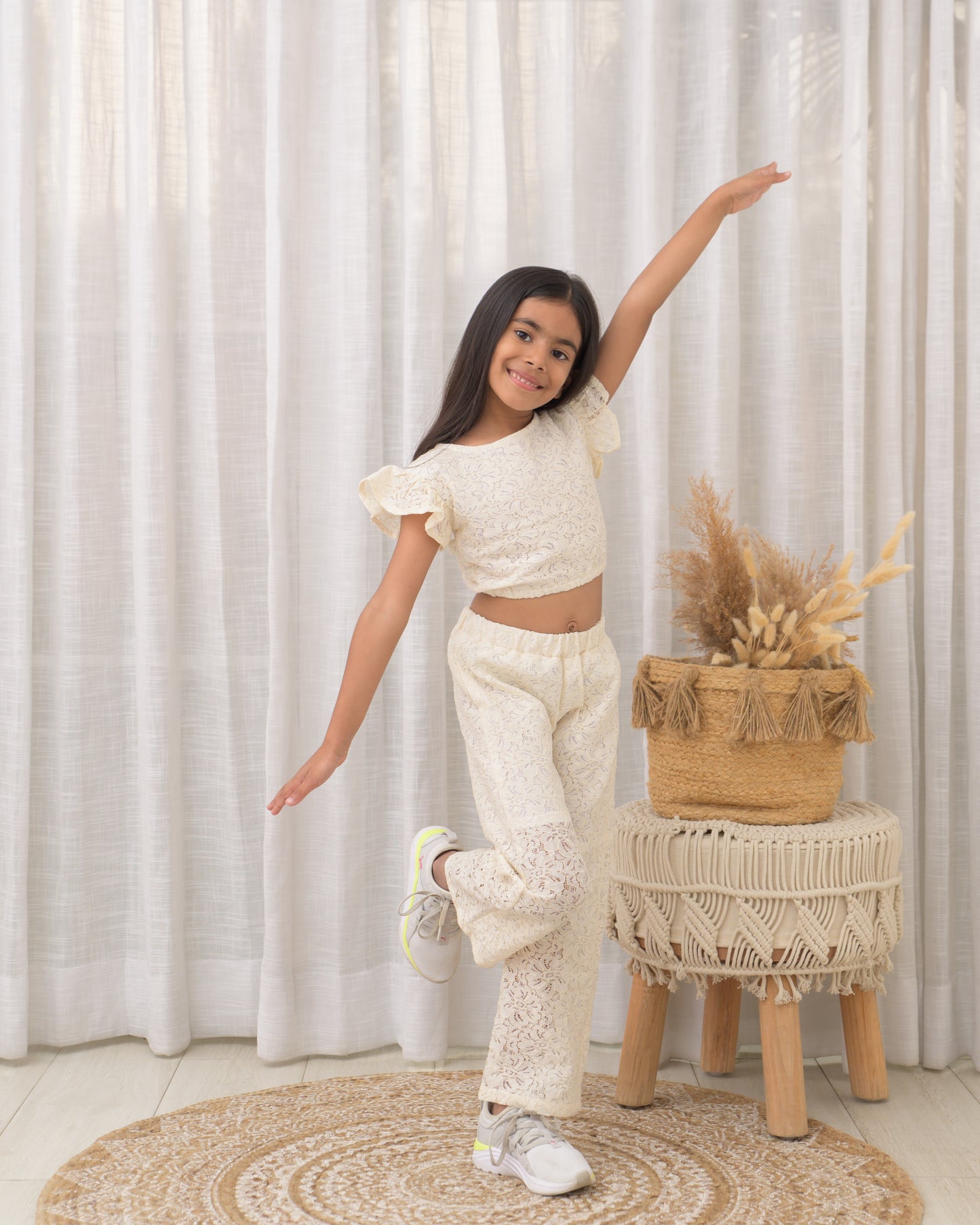 Cream crop top and pant with lace fabric