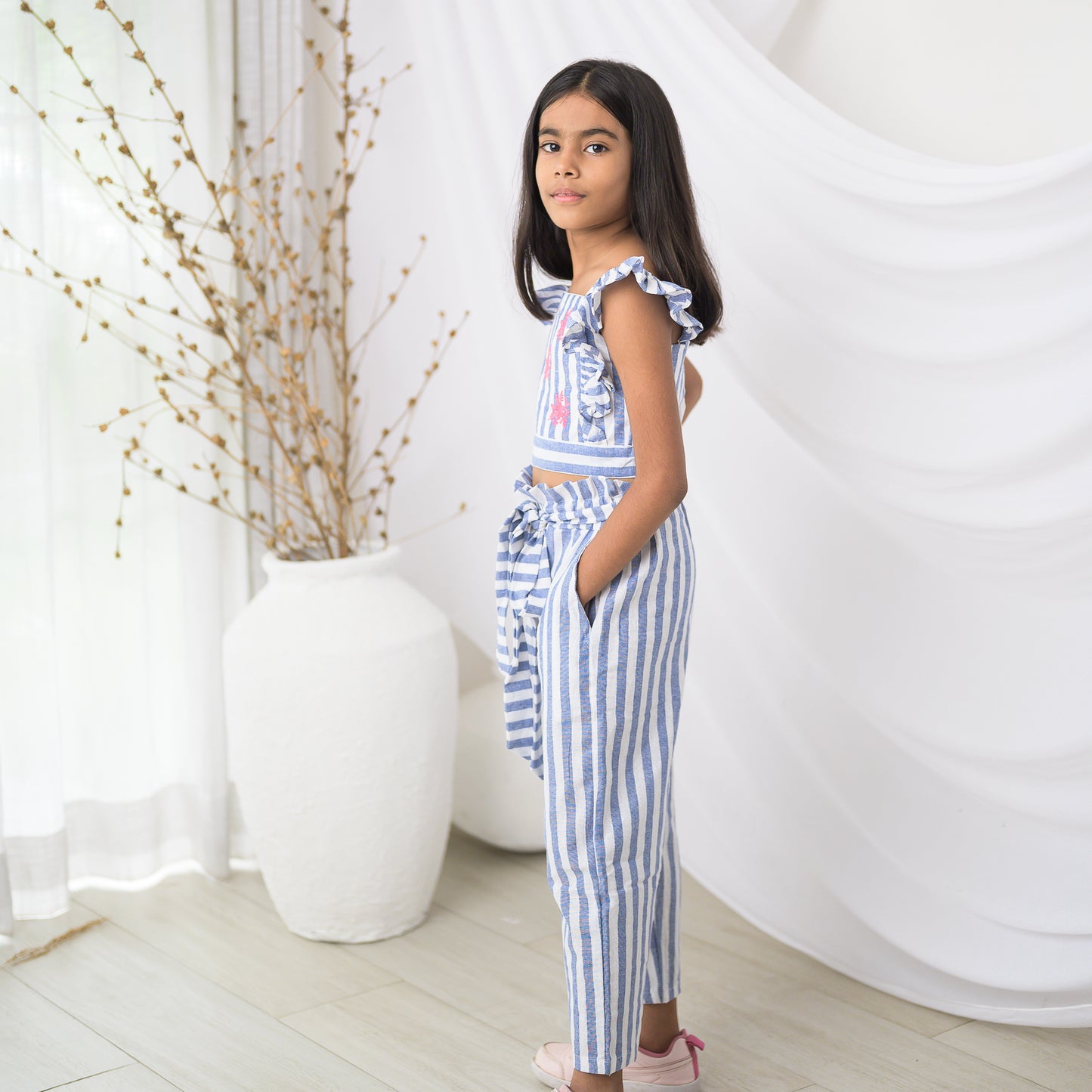 Blue Stripes Crop Top and Bottom Set