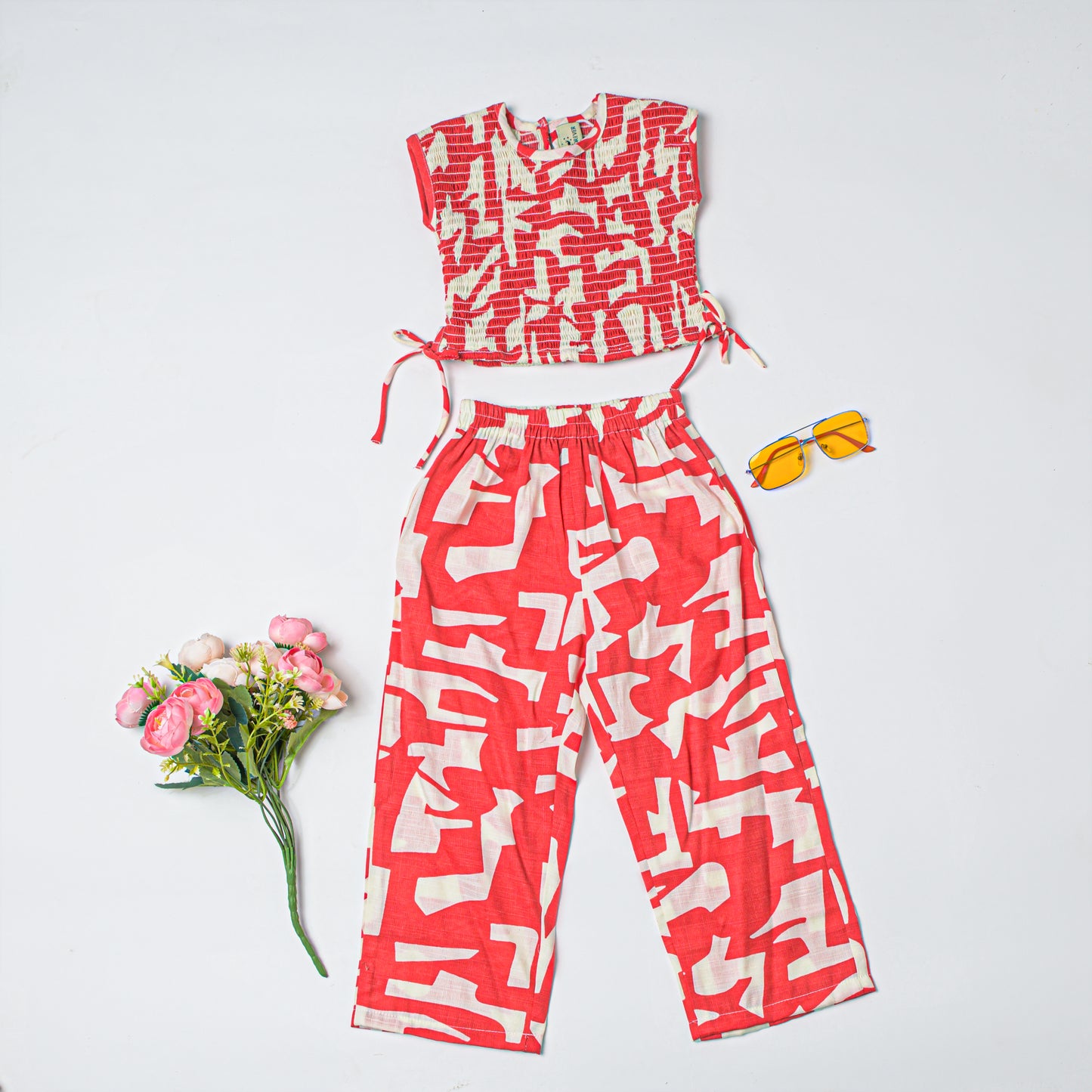 Red Sleeveless Smoking Top With Pants