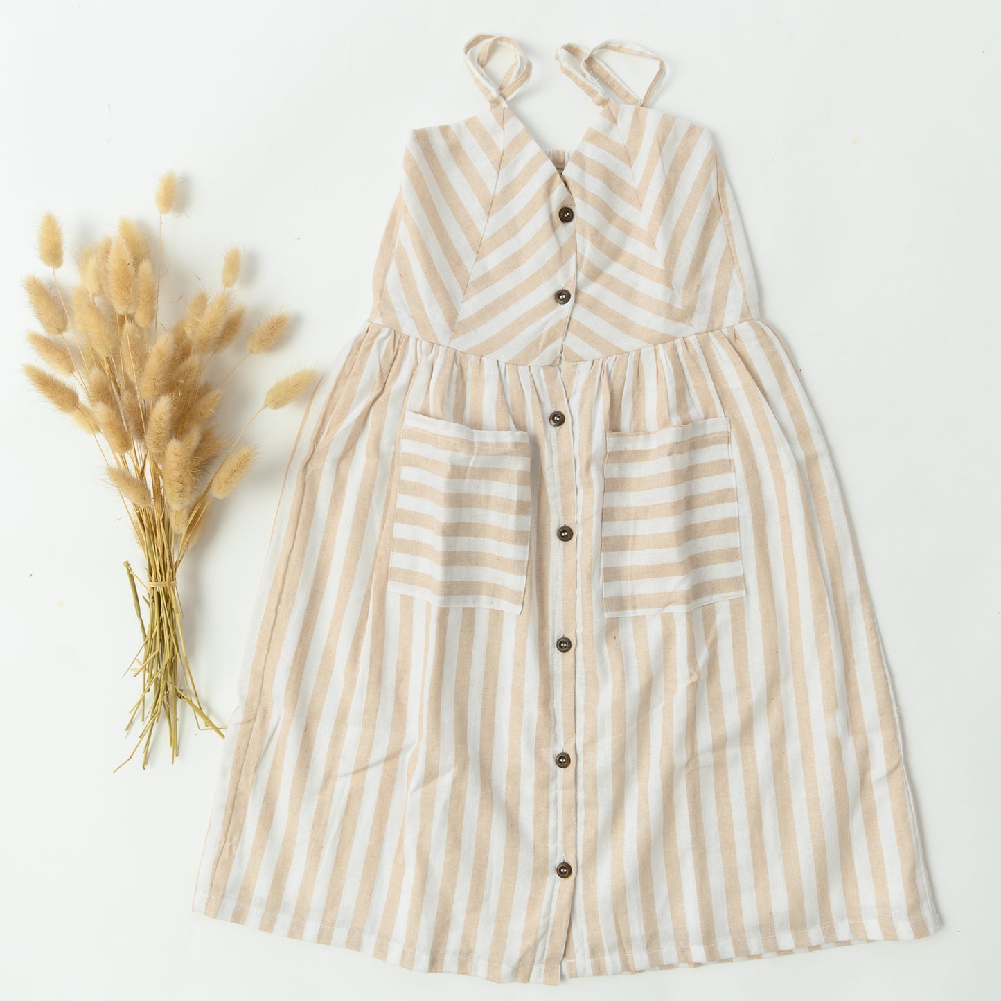 Beige & White Striped Cotton Dress for Girls