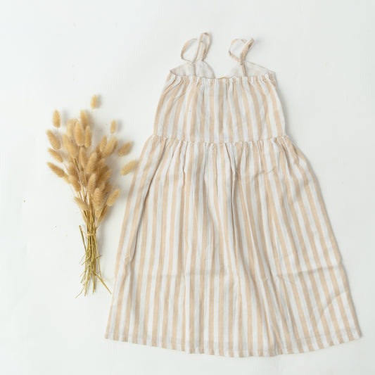 Beige & White Striped Cotton Dress for Girls