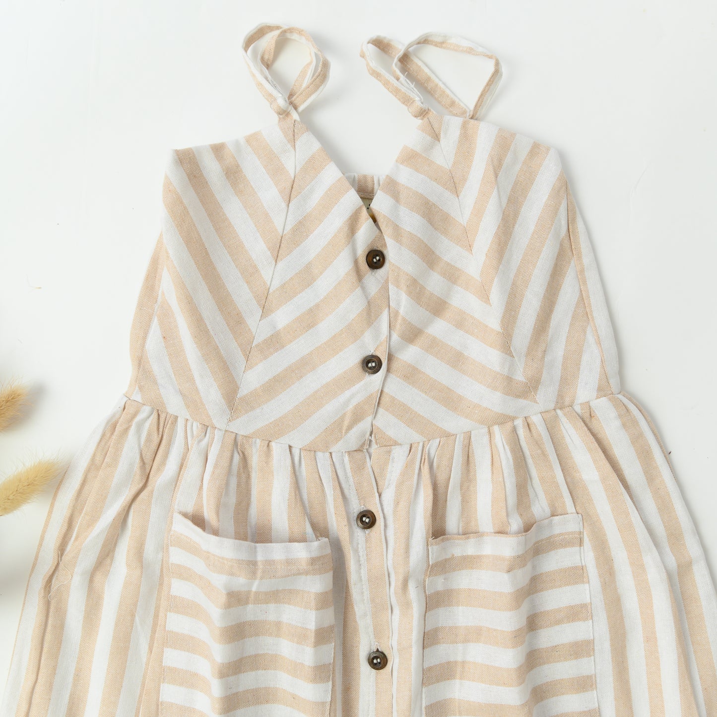 Beige & White Striped Cotton Dress for Girls