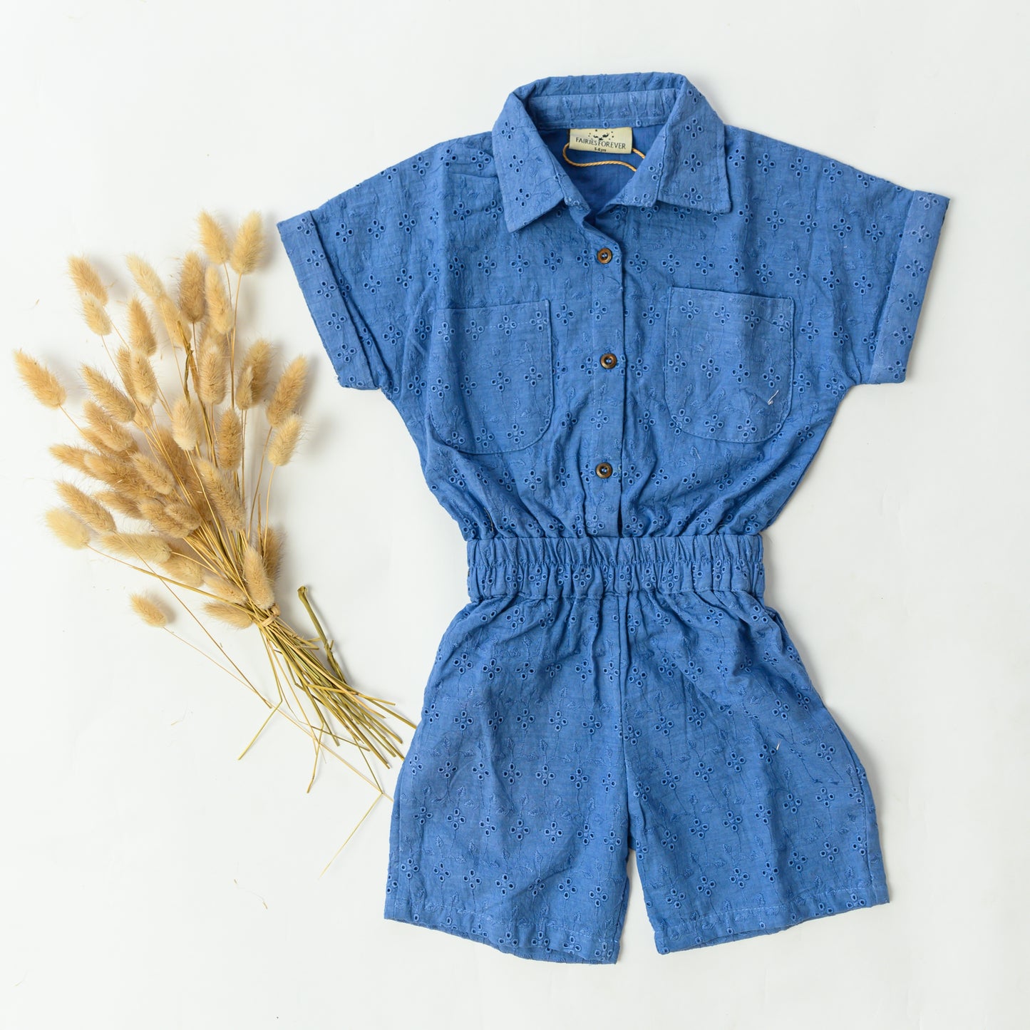 Blue Sciffli With Short Sleeves Jumpsuit