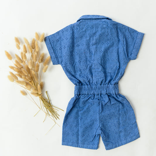 Blue Sciffli With Short Sleeves Jumpsuit