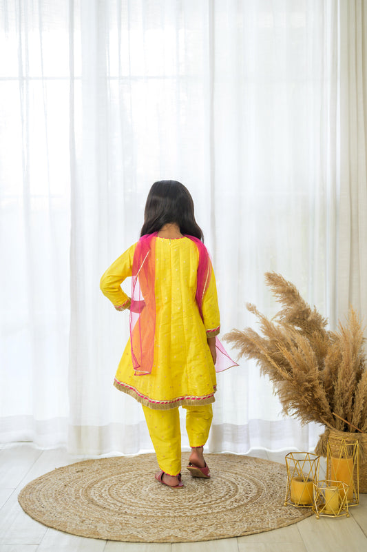 Yellow Kalidar kurta Dhoti Set with Dupatta