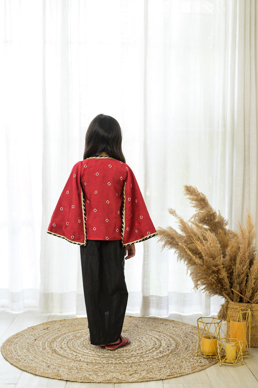 Designer Black Dhoti Set With Slit Sleeves Bandhani Jacket