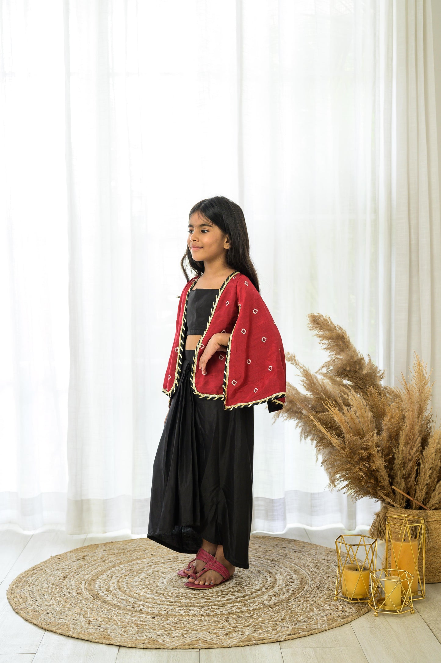 Designer Black Dhoti Set With Slit Sleeves Bandhani Jacket