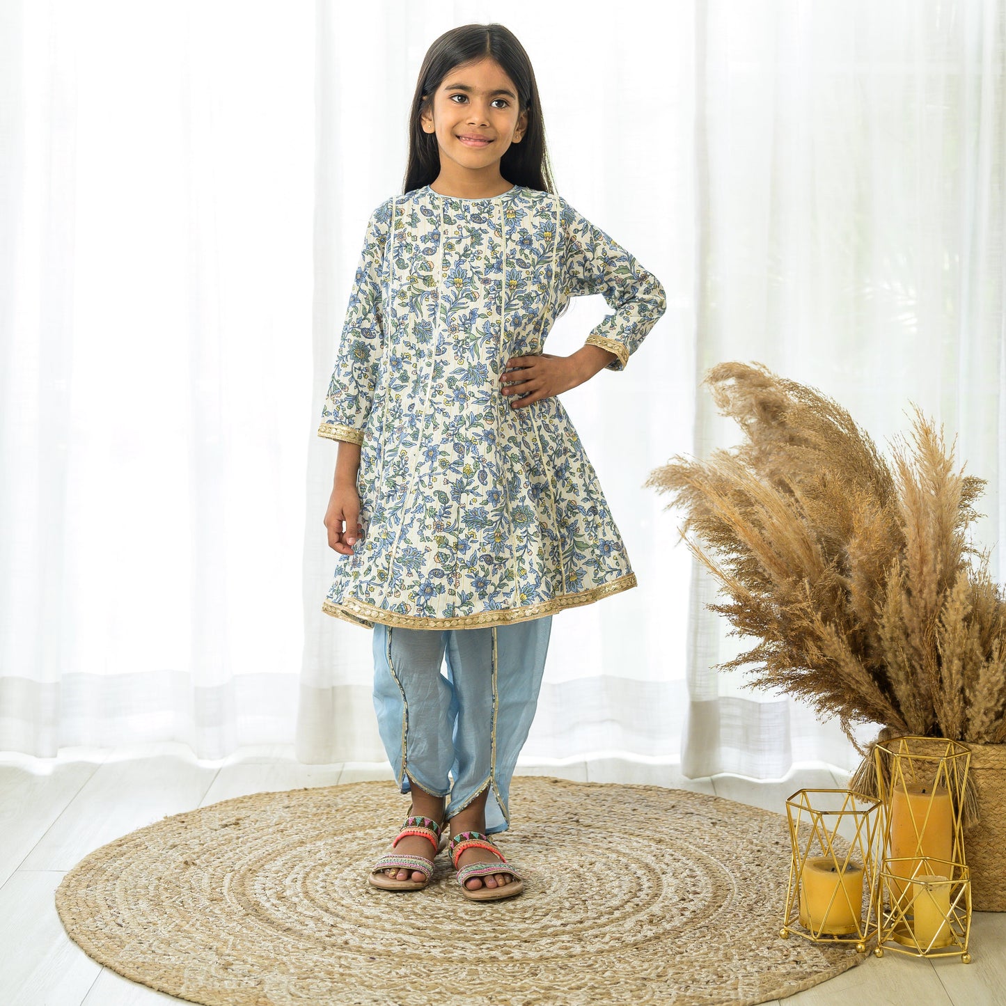 Blue Floral Cotton Kurta Set
