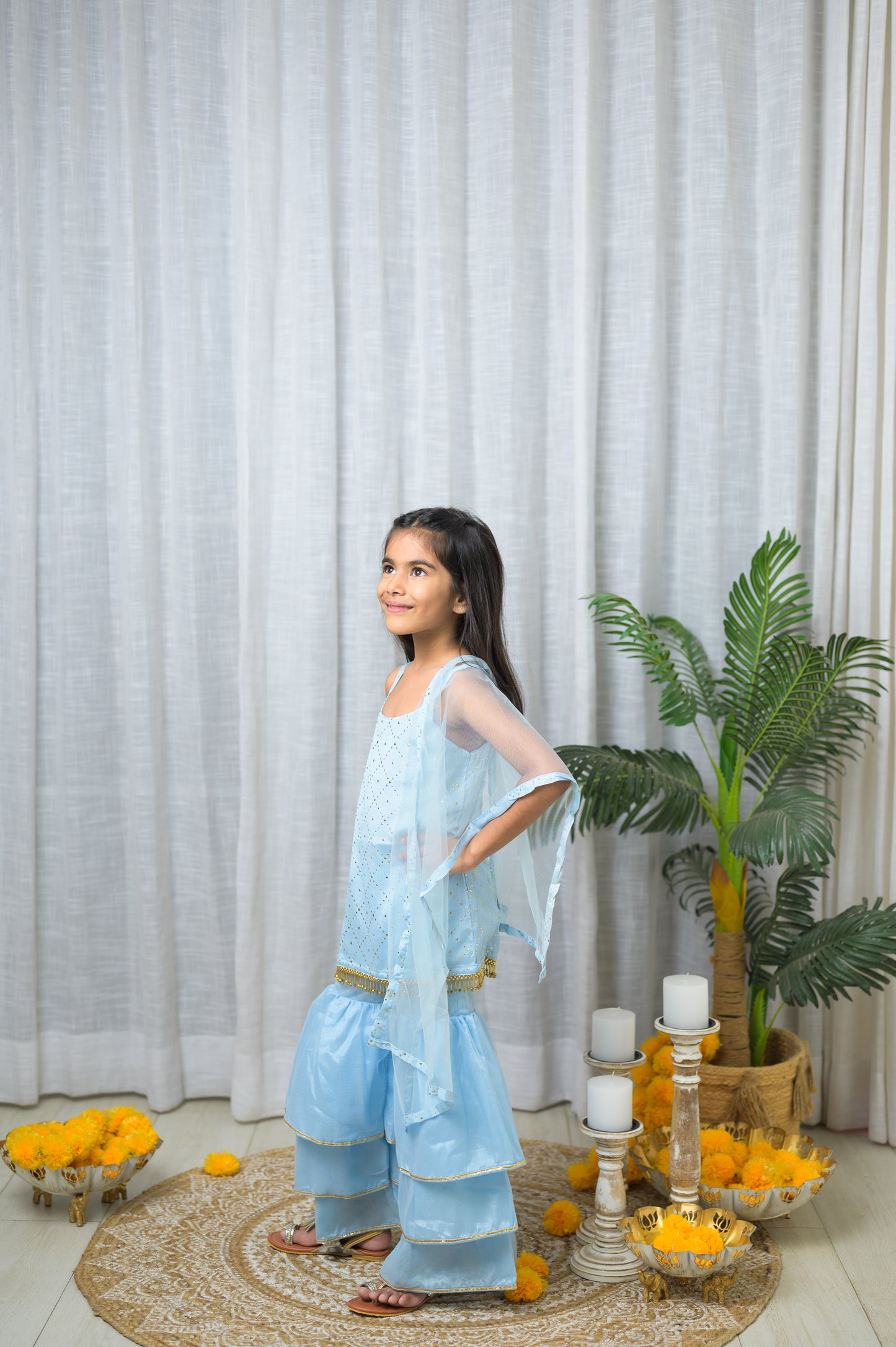 Blue Satin Sleeveless Kurta With Sharara Set