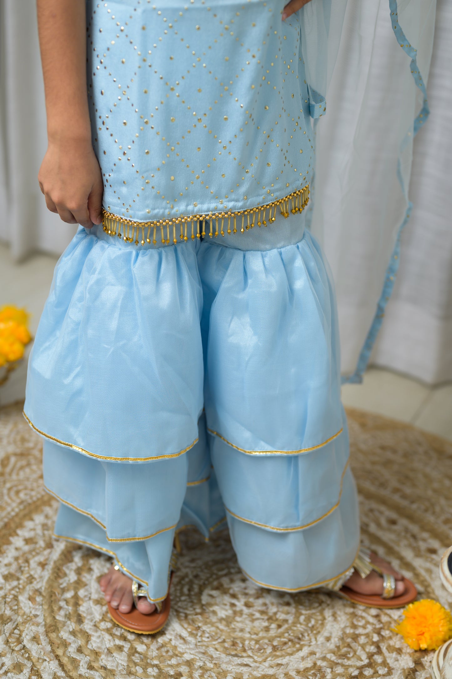 Blue Satin Sleeveless Kurta With Sharara Set