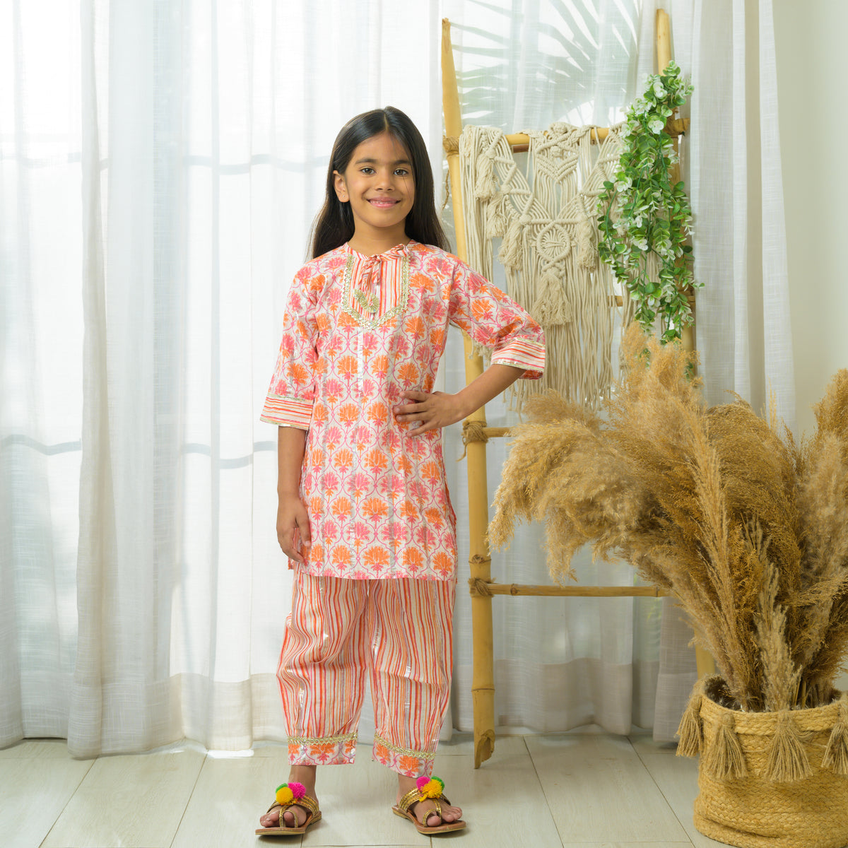 Orange Pink Cotton Salwar Kurta Set With Afghan Pants