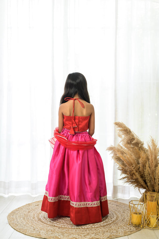 Red and Pink Halter Lehenga Set with Dupatta