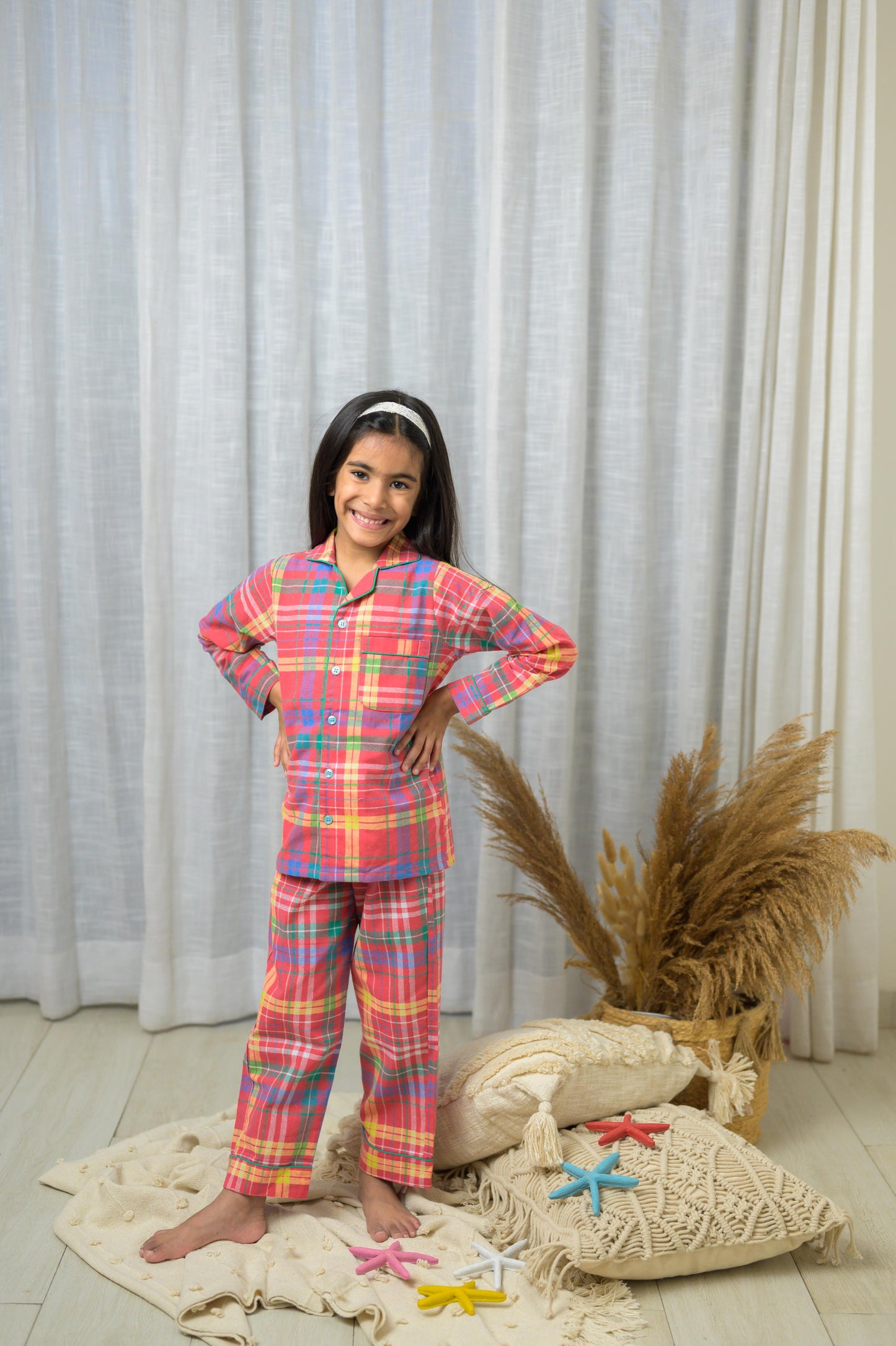 Cotton Checks with Full Sleeves Night Dress-Multi