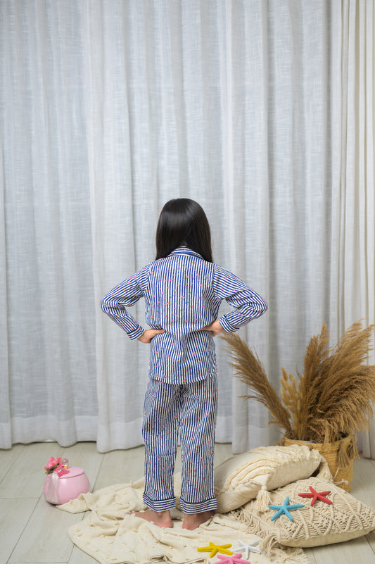 Cotton Strip With Full Sleeve Night Dress-Blue