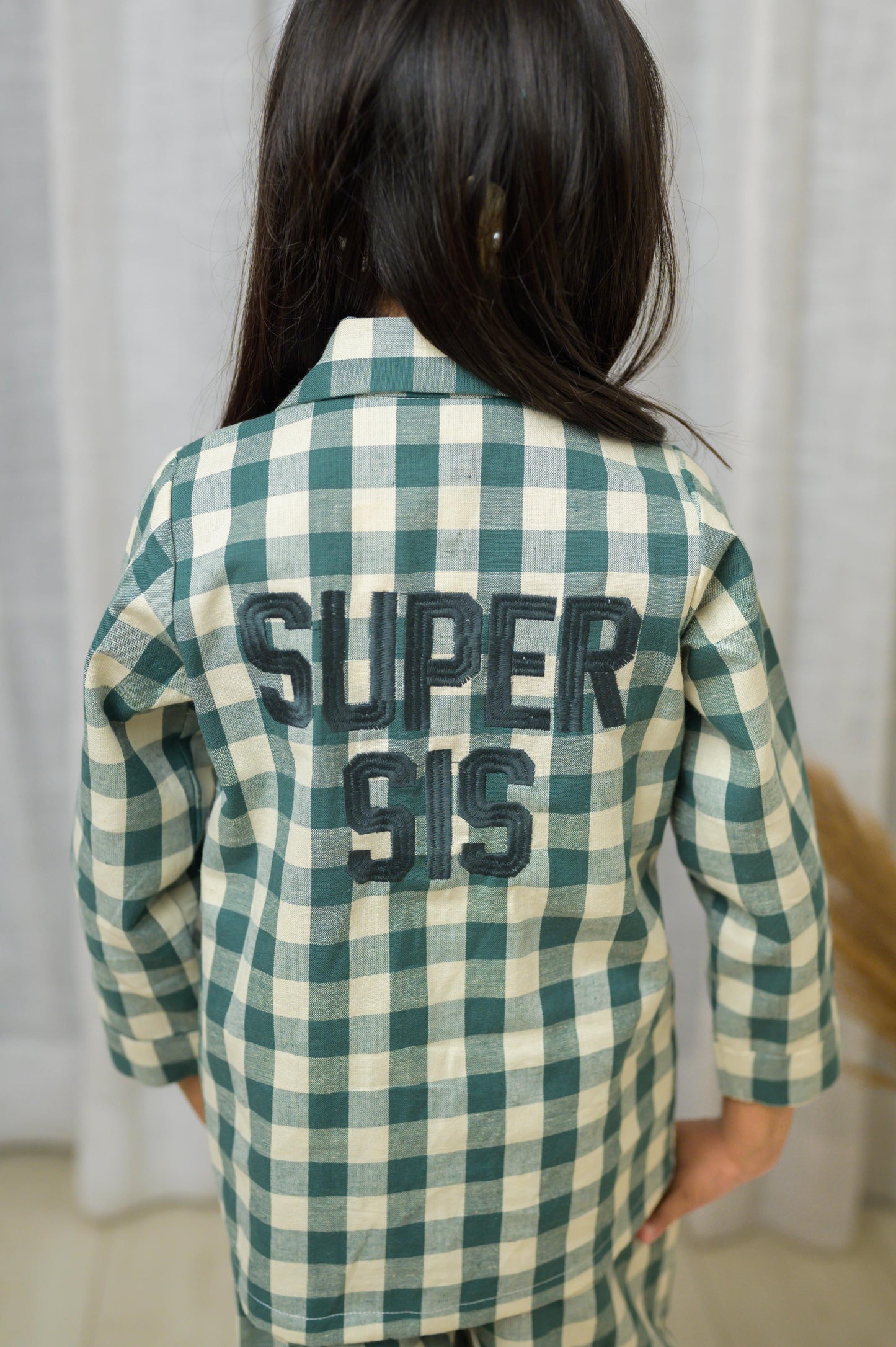 Cotton Checks With Full Sleeve ad Embroidery At Back Night Dress - Green