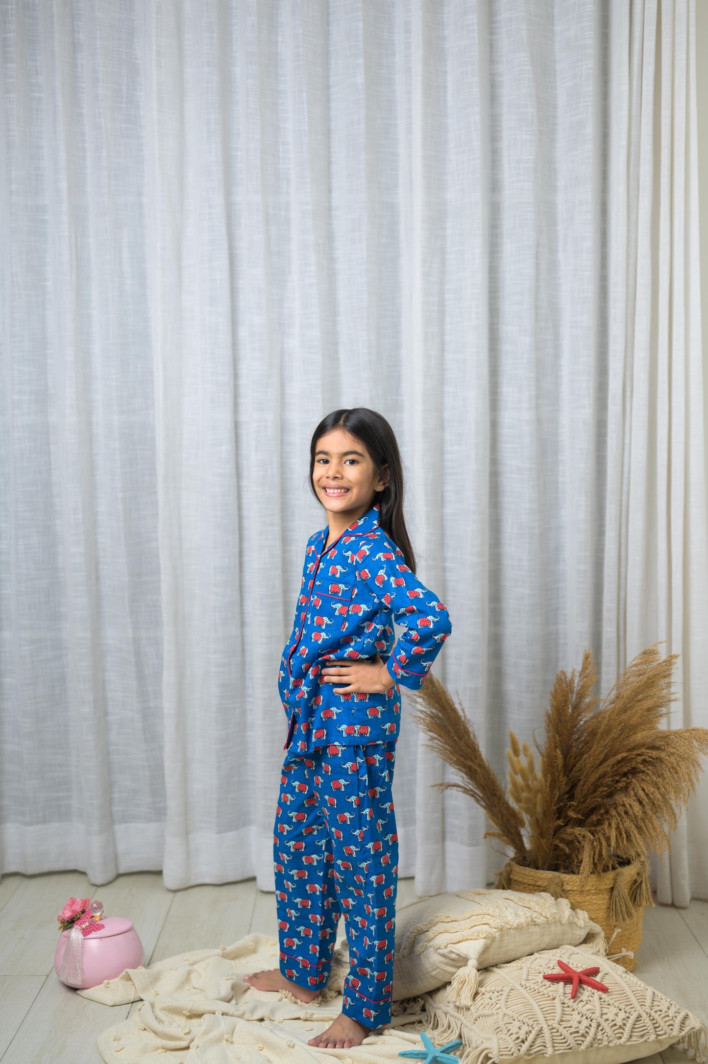 Cotton Elephant Print Full Sleeve Night Dress-Blue