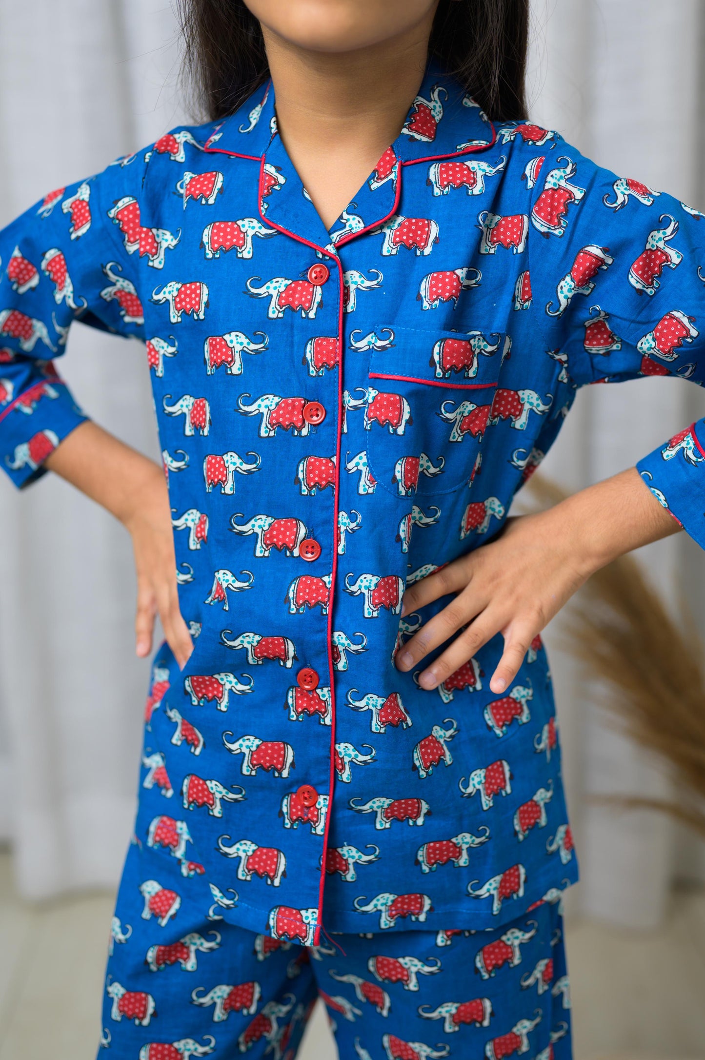 Cotton Elephant Print Full Sleeve Night Dress-Blue