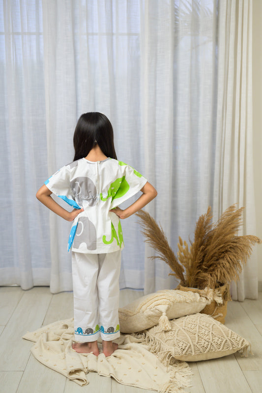 Cotton Elephant Print Full Sleeve Night Dress Multi