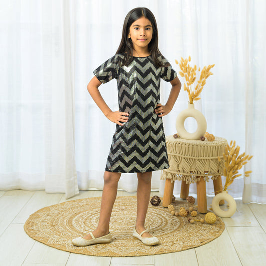 Zig Zag Sequin Half Sleeves Party Dress- Black
