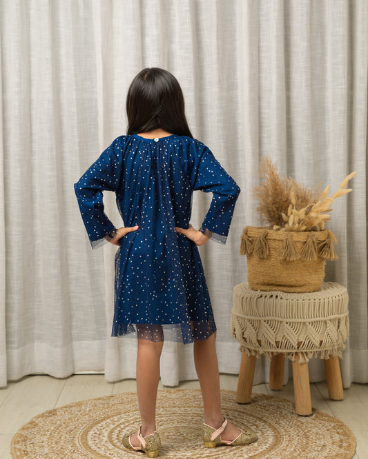 Navy Blue Silver Dot Net Party Dress