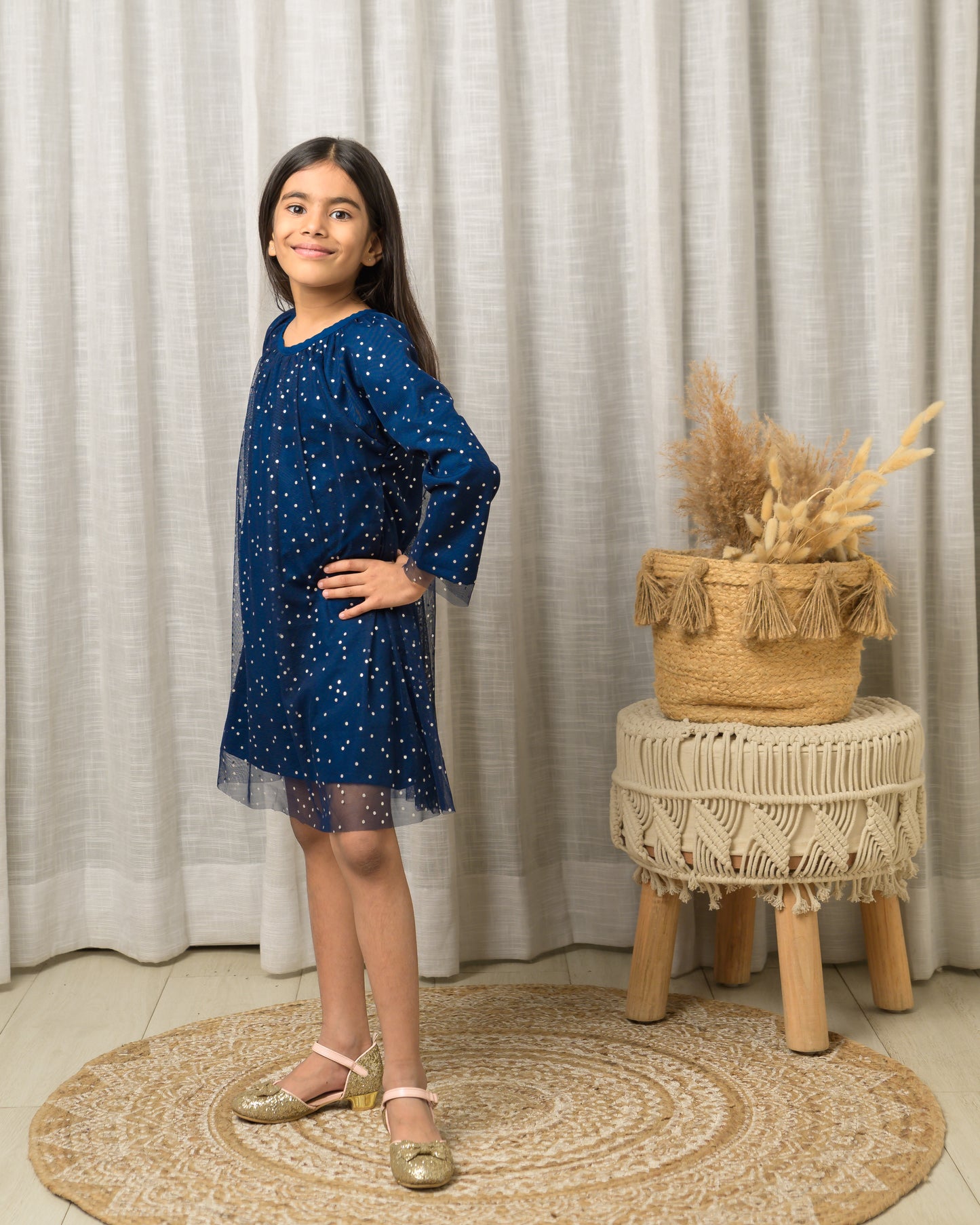 Navy Blue Silver Dot Net Party Dress
