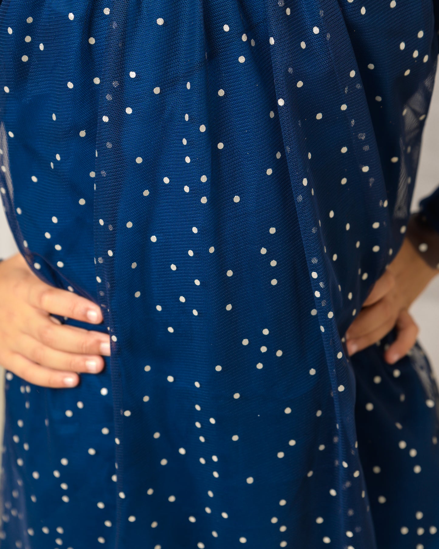 Navy Blue Silver Dot Net Party Dress