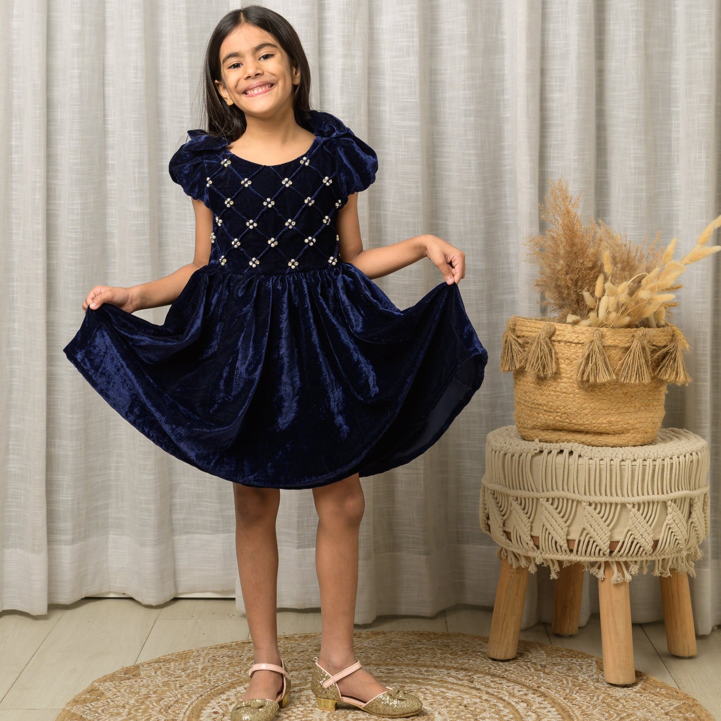 Blue Velvet Party Dress With Diamond